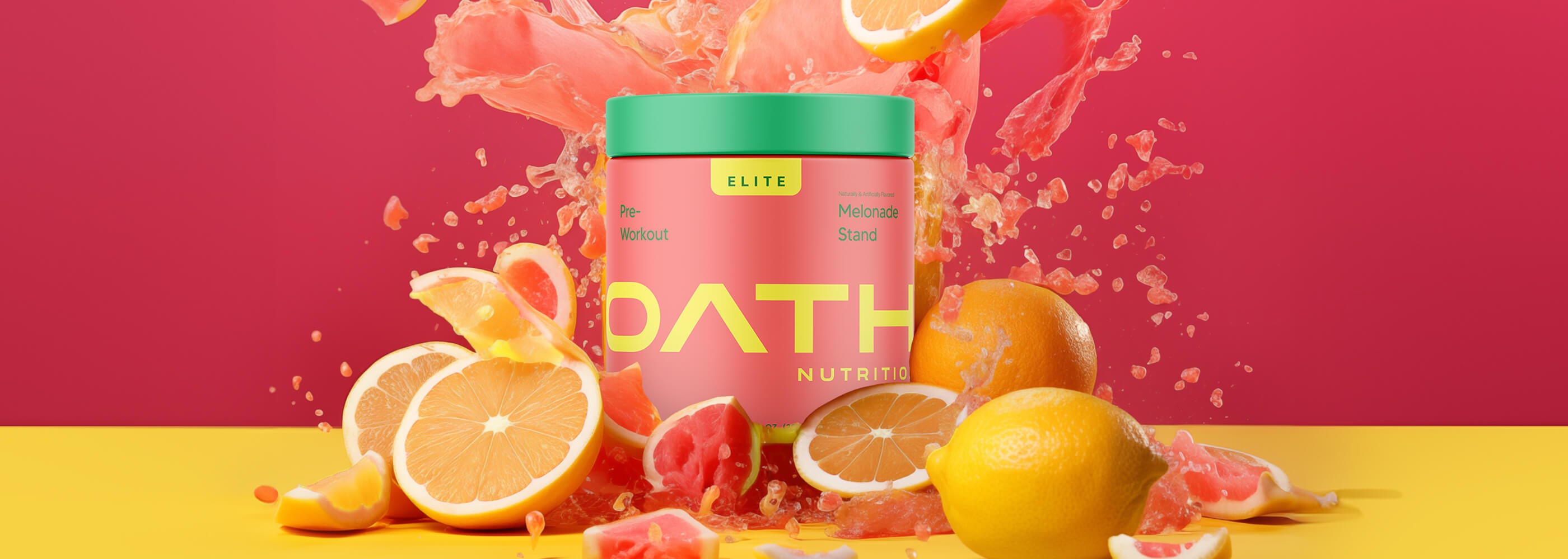 Oath Elite Pre-Workout - Melonade Stand container with lemons bursting all around it