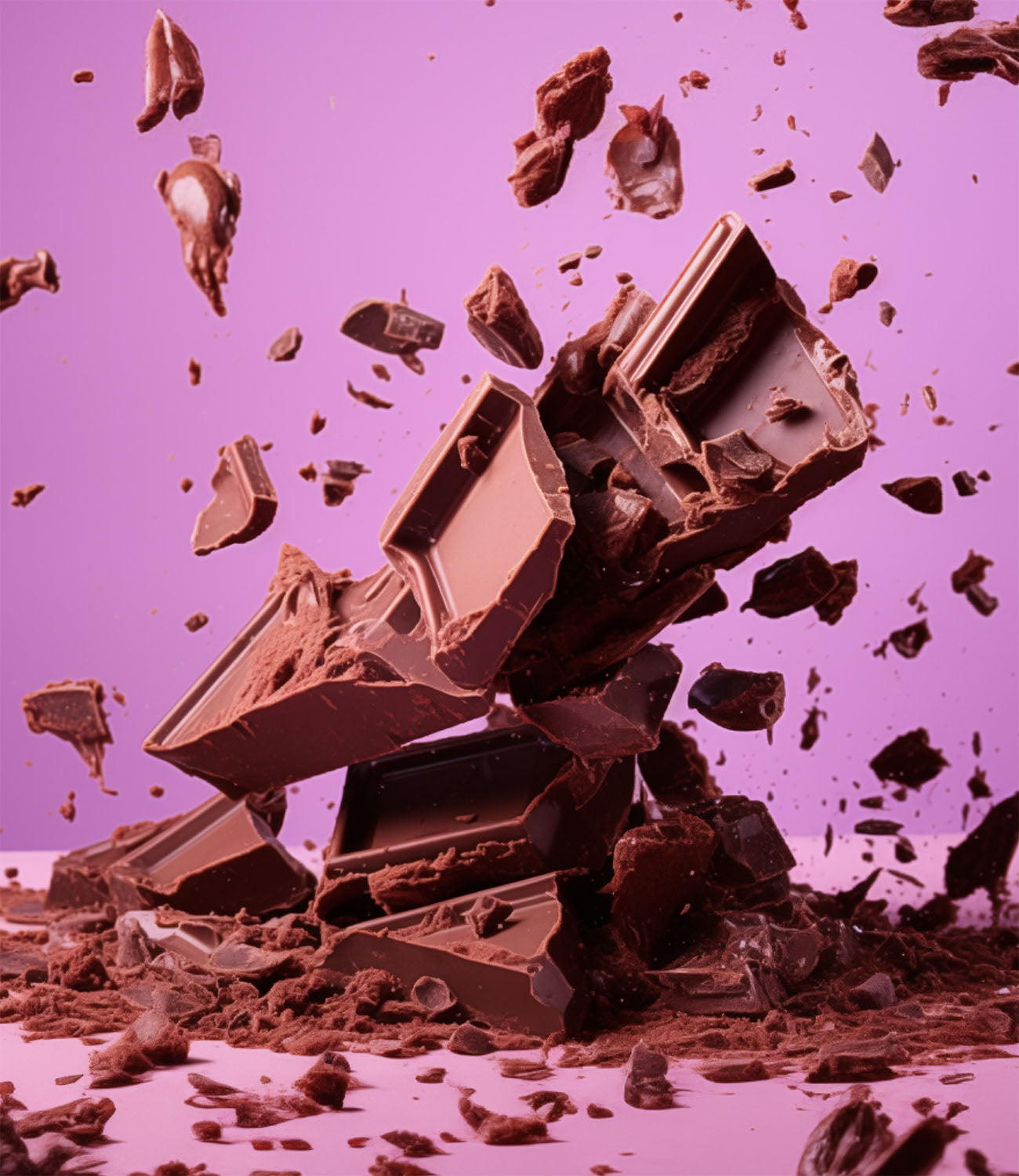 Delicious chocolate bursting into many small pieces