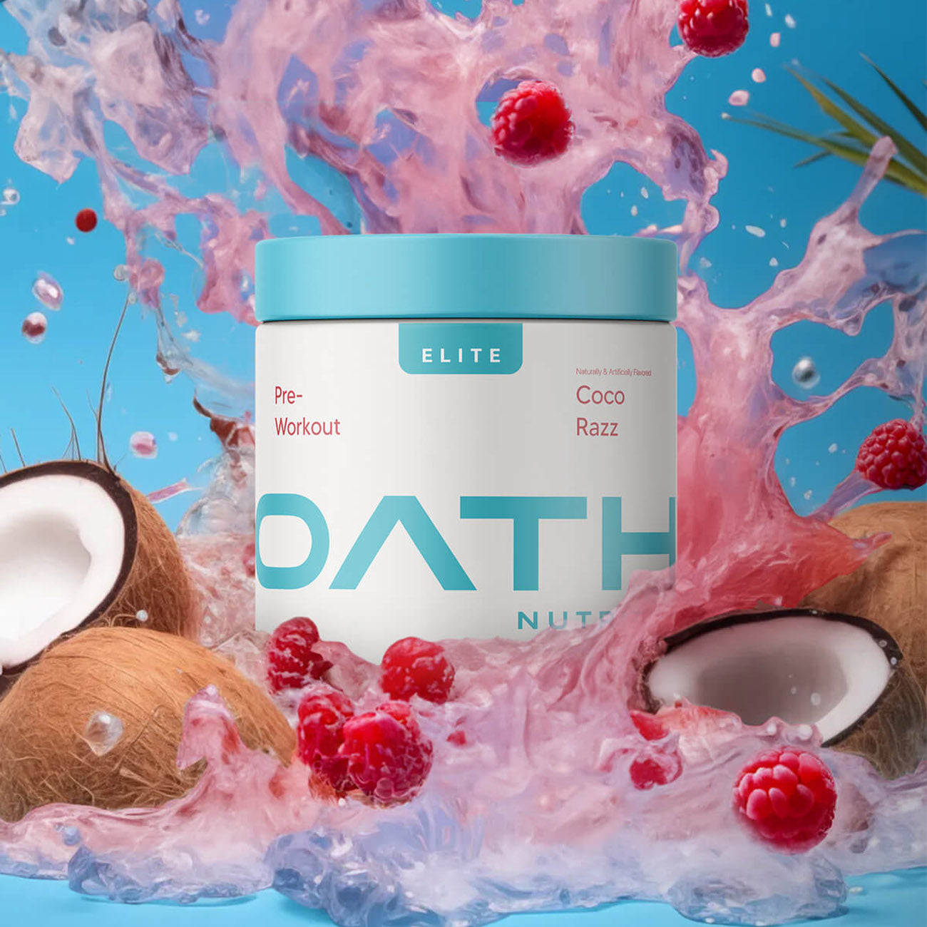 Oath Elite Pre-Workout - Coco Razz container with raspberries and coconuts bursting around it.