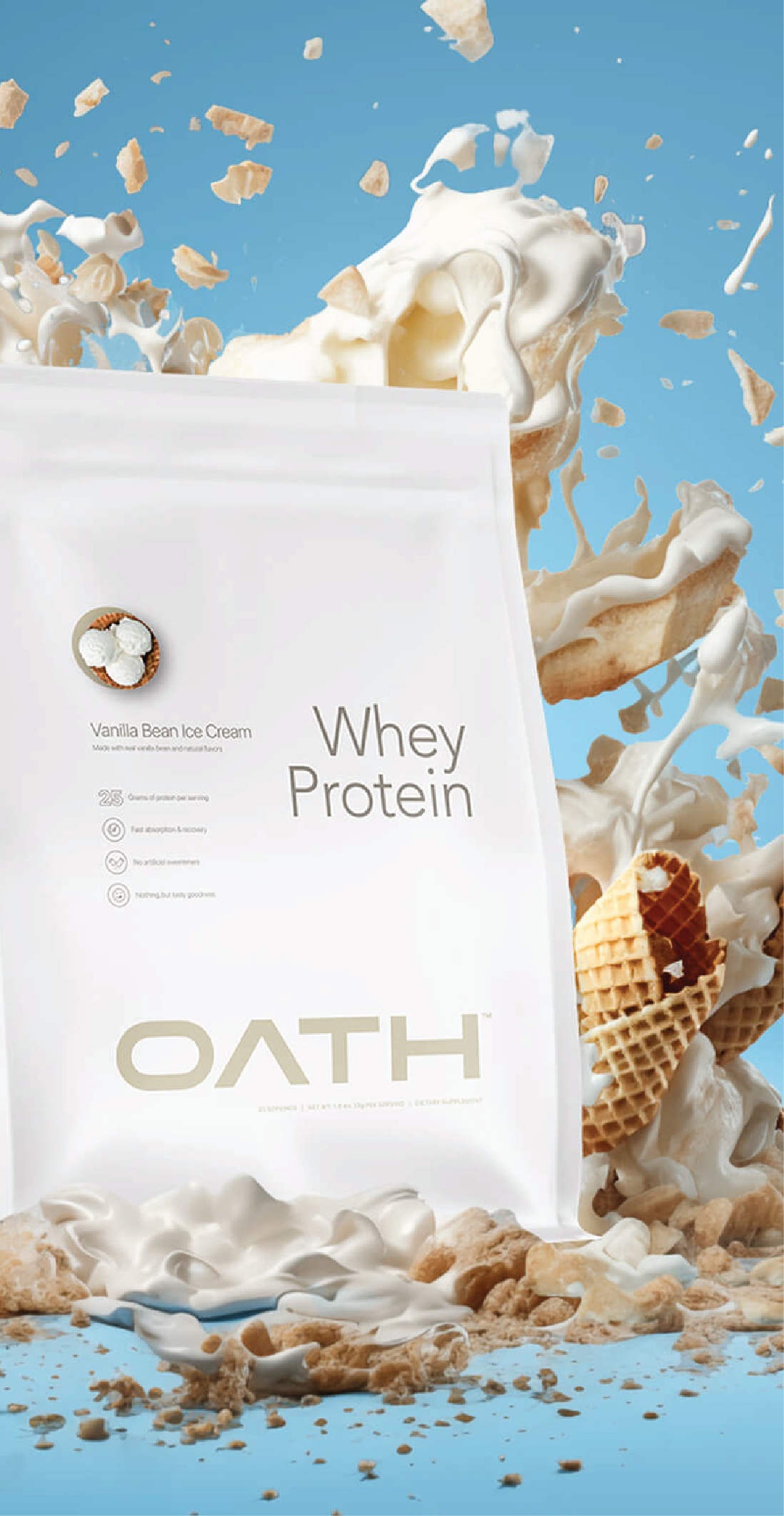 an image of Watermelon Fresca flavor Oath Clear Whey Protein packaging surrounded by an exploding, juicy watermelon.