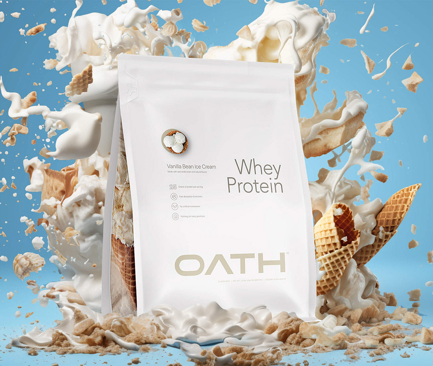 Oath Vanilla Bean Ice Cream Whey Protein bag with vanilla bean ice cream and ice cream cones bursting around it.