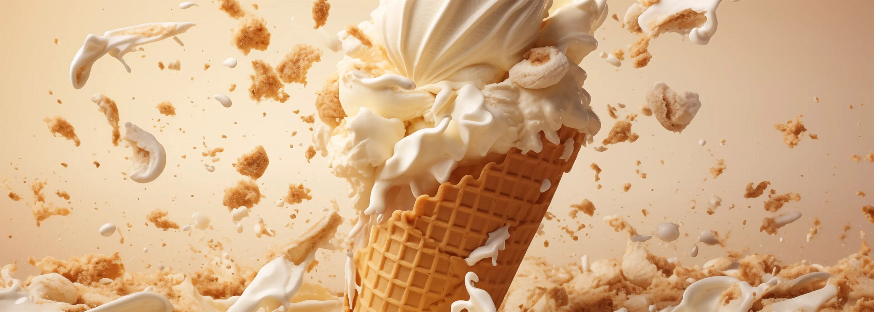 Vanilla ice cream cone with ice cream exploding around it