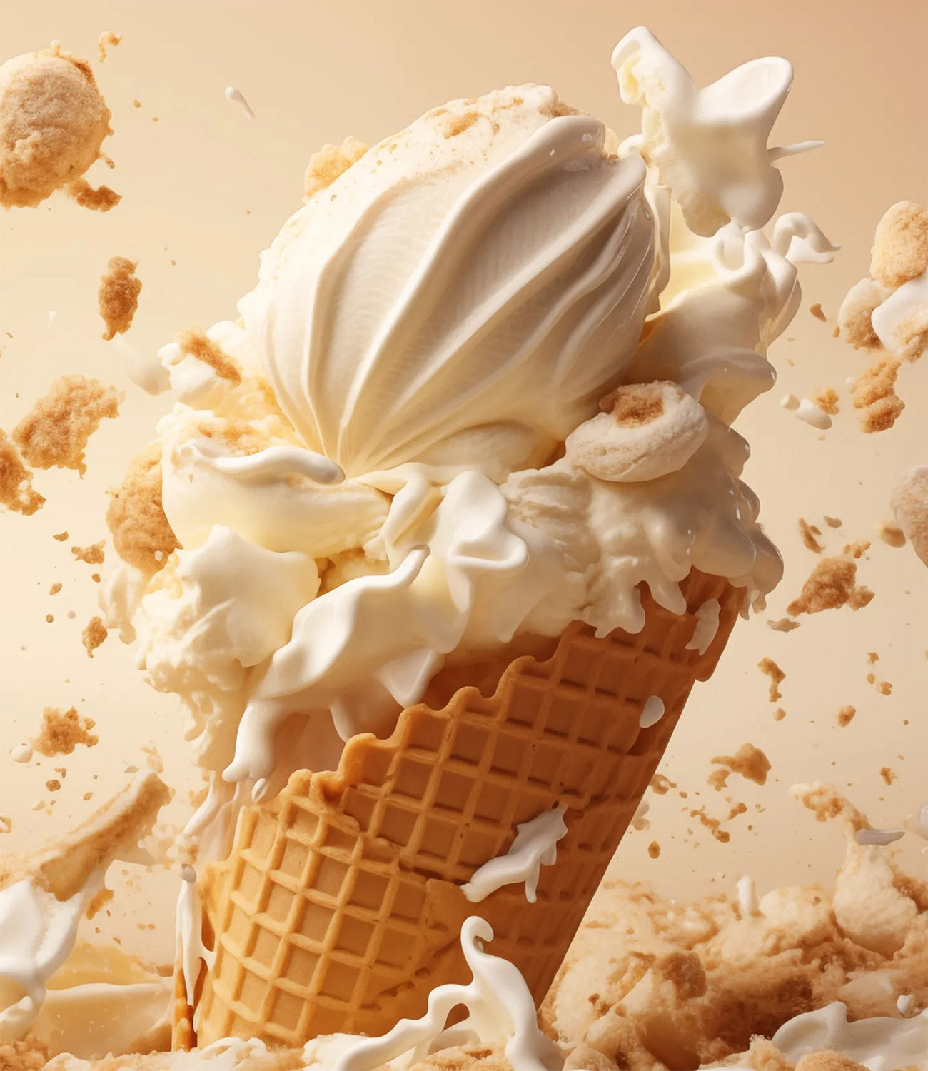 Vanilla ice cream cone with ice cream exploding around it
