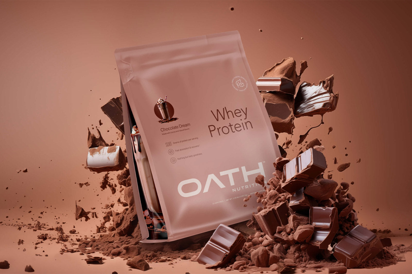 Oath Naturally Sweetened Protein - Chocolate Dream with delicious chocolate pieces bursting all around the bag.