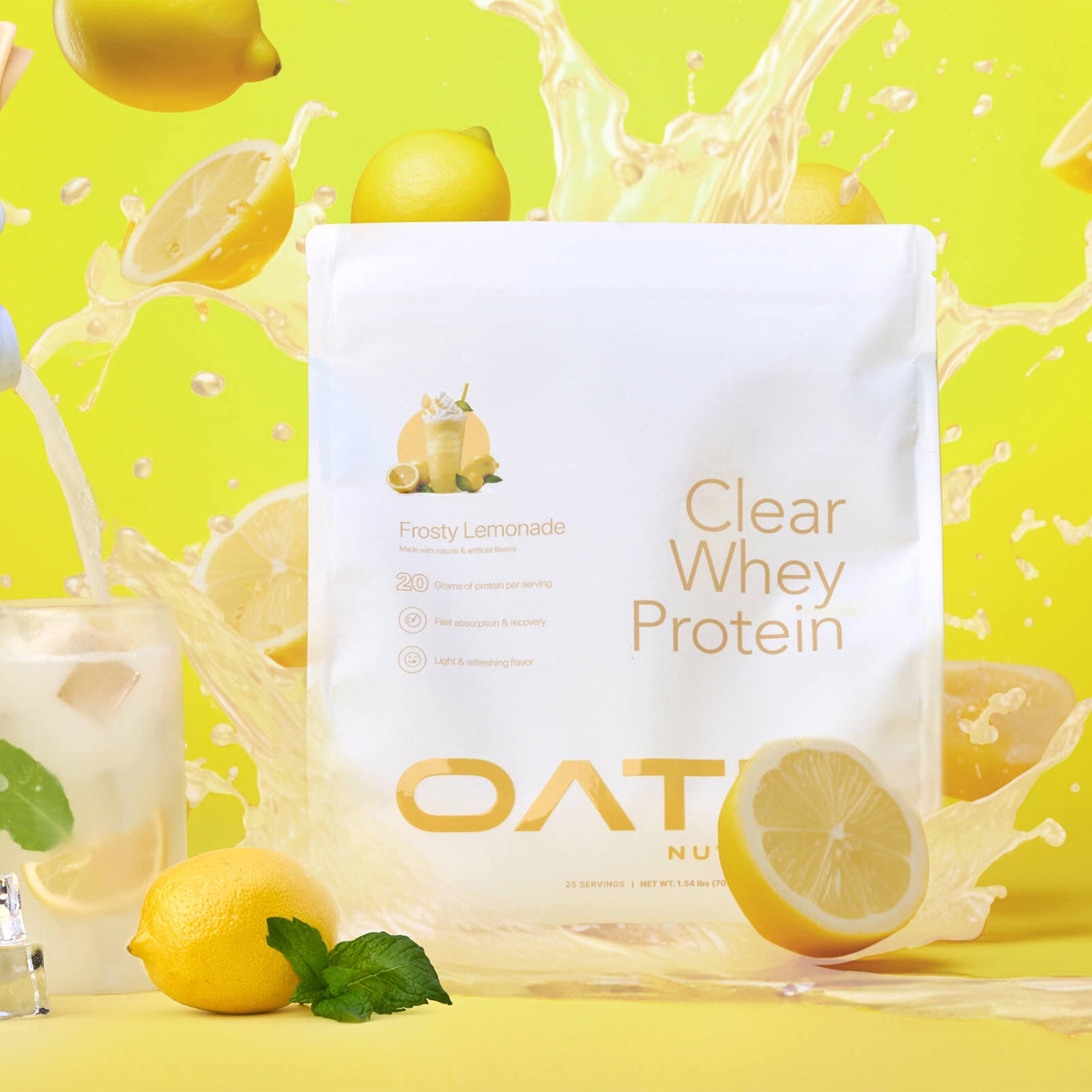 Delicious Oath Clear Whey Fruity protein with lemons bursting around the bag and lemonade clear whey in a glass.