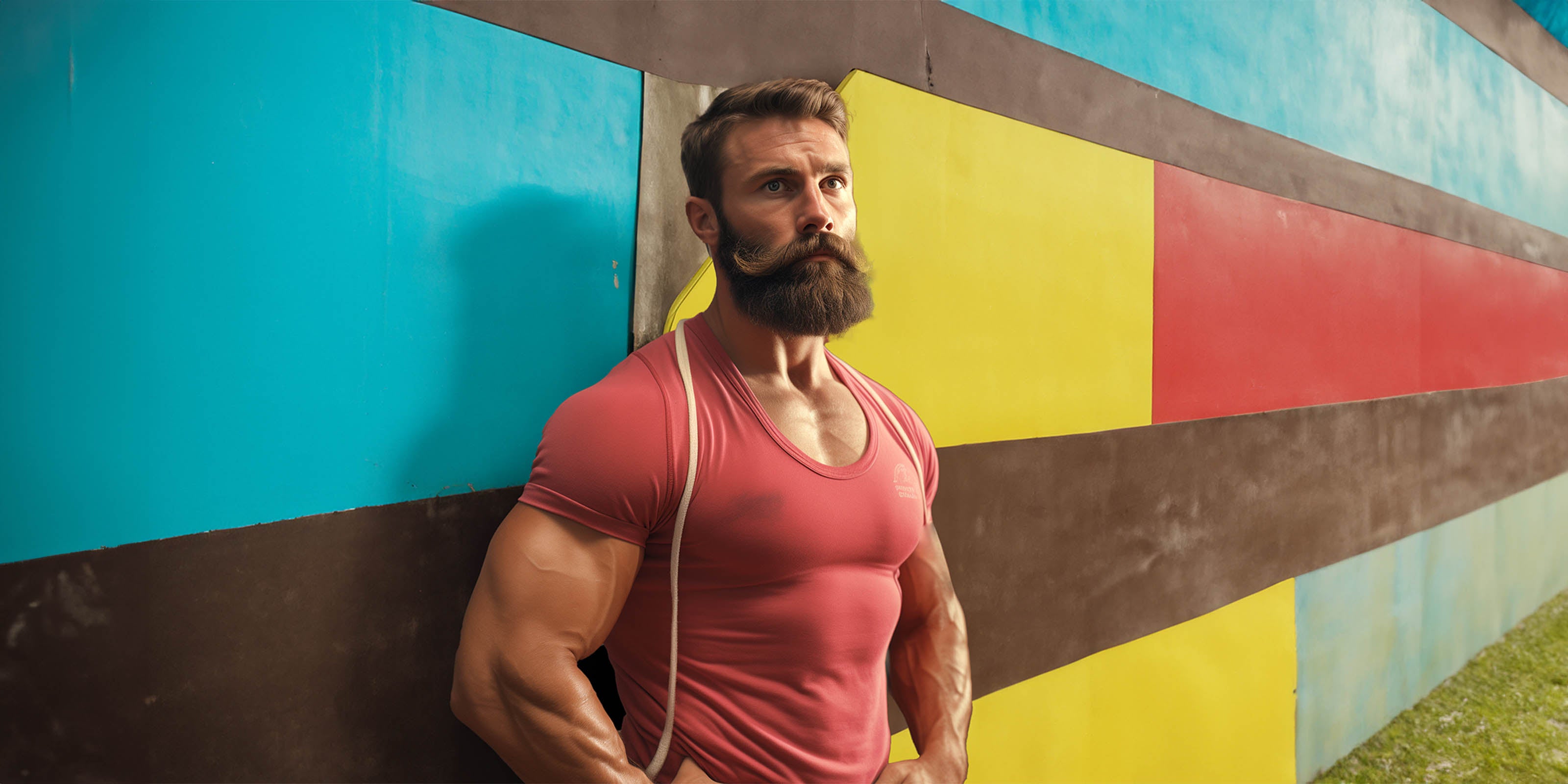 Man leaning against a bright colored wall in the gym