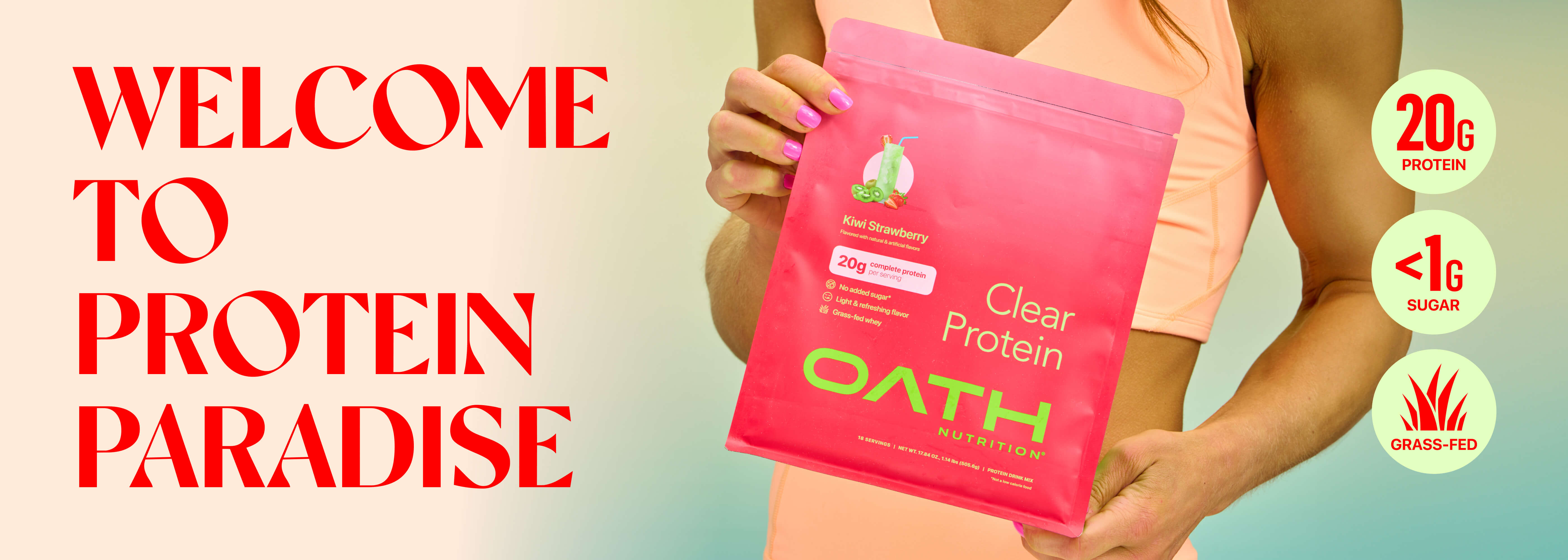 Woman holding Oath Clear Protein - Welcome to Protein Paradise