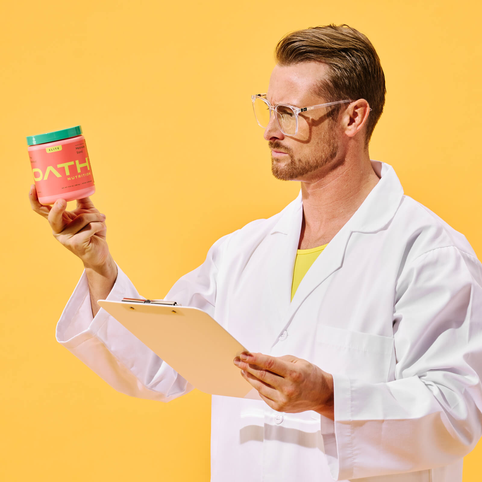 Scientist working on Oath Elite Pre-Workout Melonade Stand