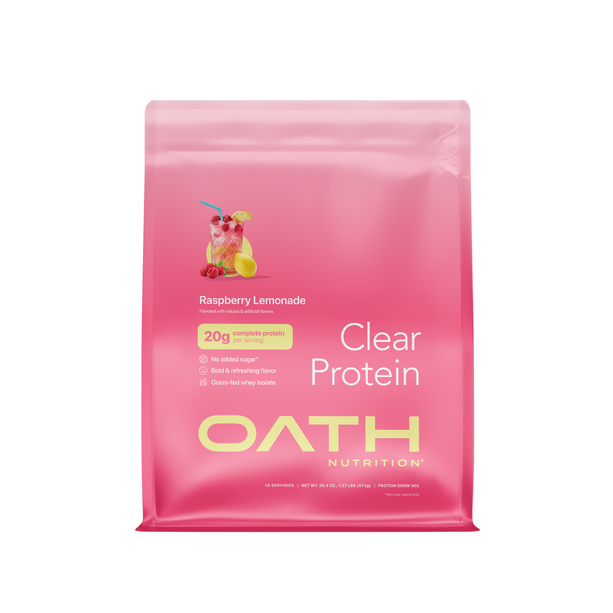 Oath Clear Protein Powder in Raspberry Lemonade, 18-serving pouch, pink bag with a raspberry lemonade illustration, with text reading "20g complete protein per serving, No added sugar*, Bold & refreshing flavor, Grass-fed whey isolate"