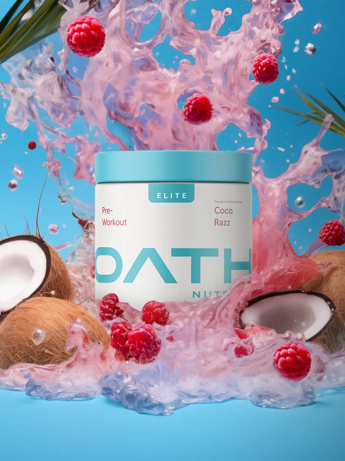 Oath Elite Pre-Workout - Coco Razz container with raspberries and coconuts bursting around it. 