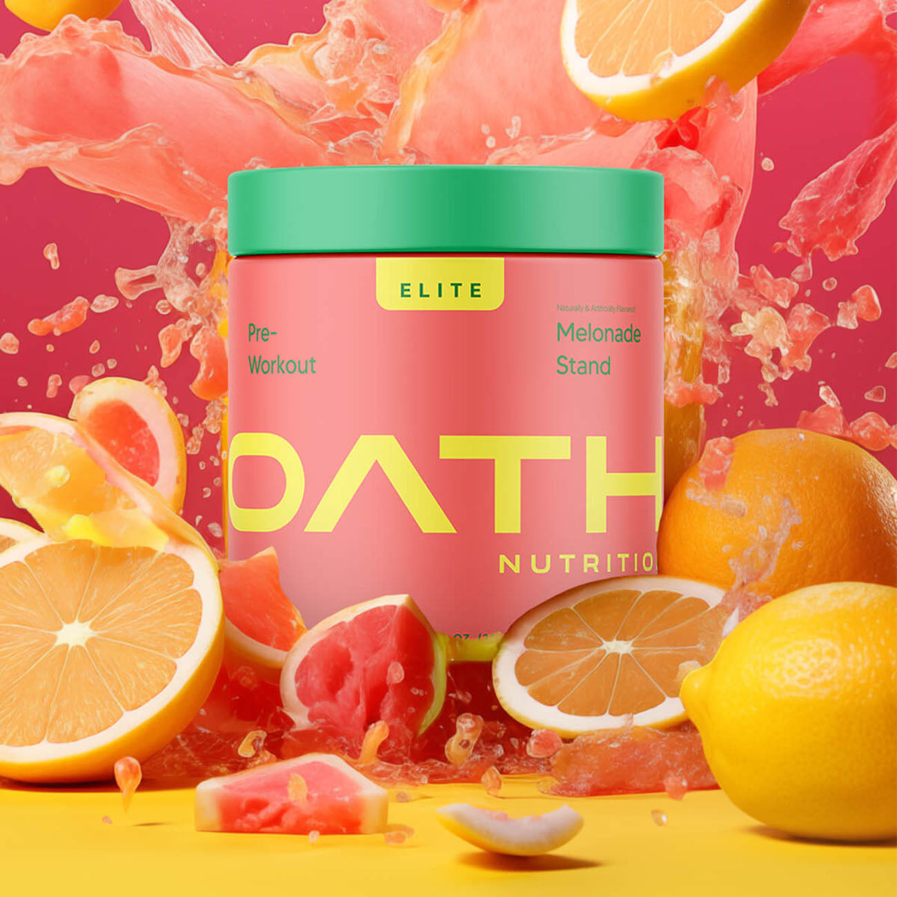 Oath Elite Pre-Workout - Melonade Stand container with lemons bursting all around it
