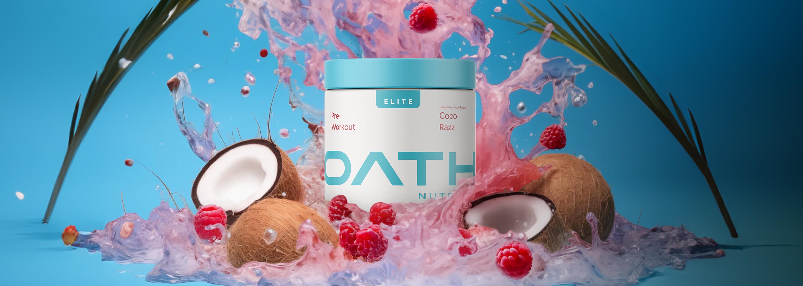 Oath Elite Pre-Workout - Coco Razz container with raspberries and coconuts bursting around it. 