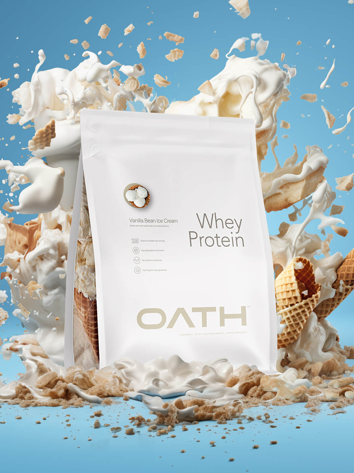 Oath Vanilla Bean whey protein bag with vanilla ice cream and ice cream cones bursting all around the product