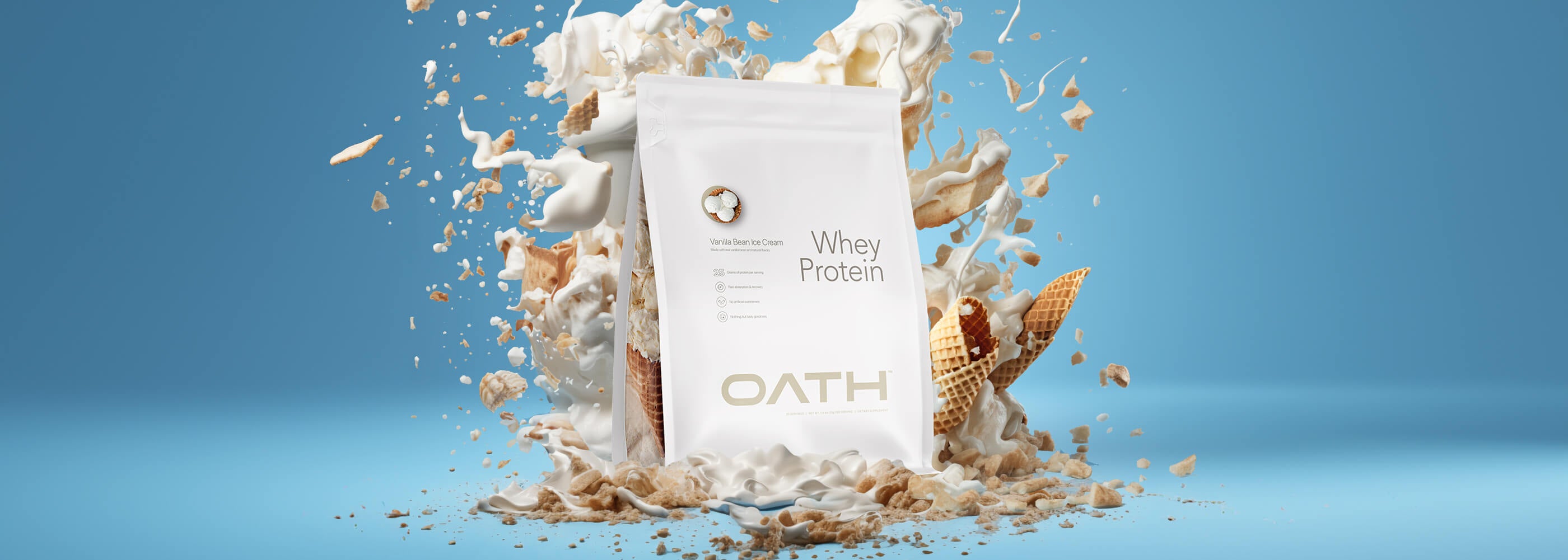 Oath Vanilla Bean whey protein bag with vanilla ice cream and ice cream cones bursting all around the product