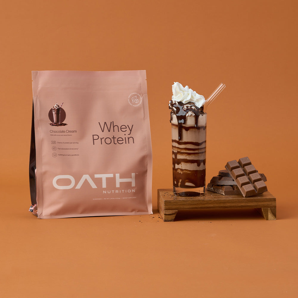 Oath Naturally Sweetened Protein next to a delicious chocolate protein milkshake