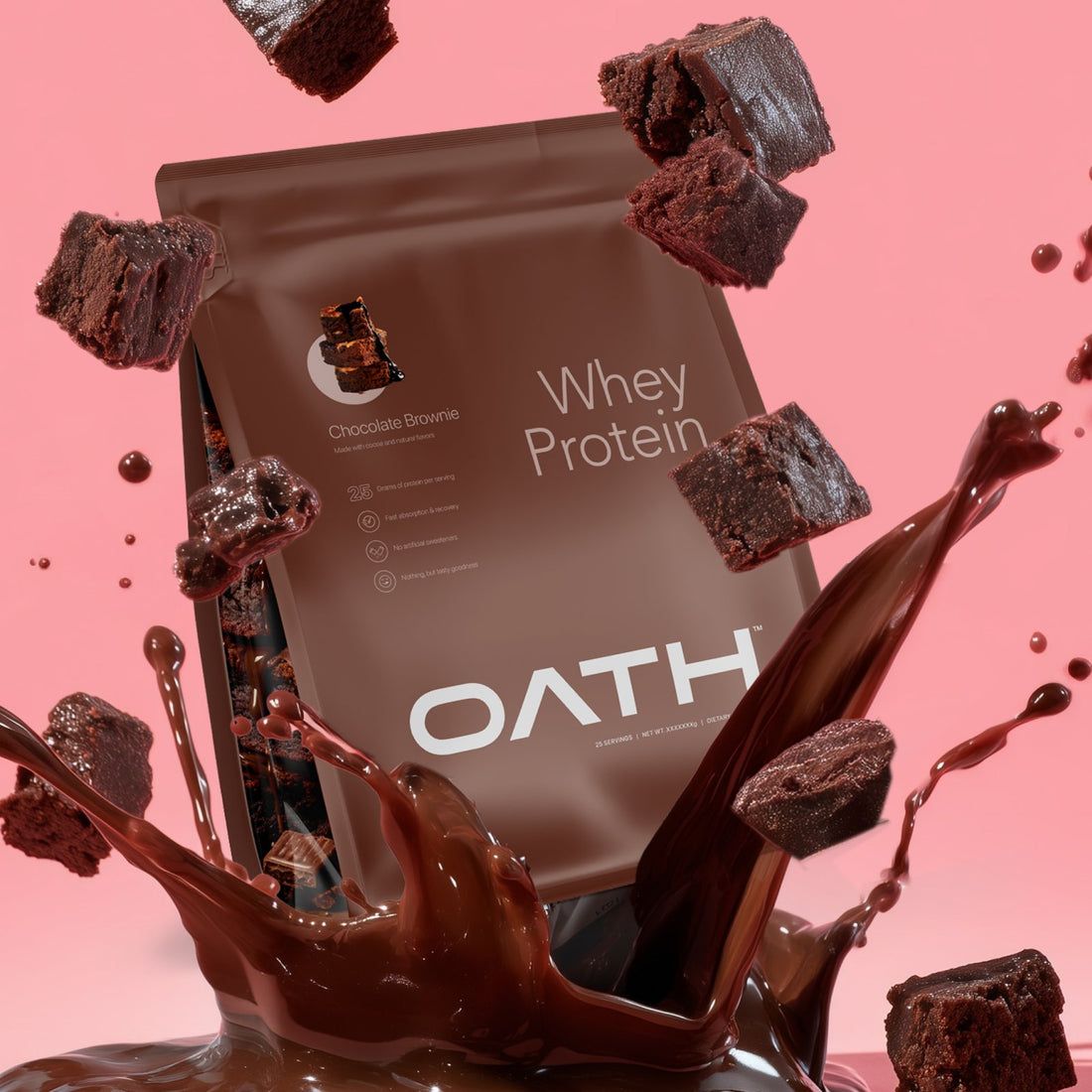 A bag of OATH Chocolate Brownie Whey Protein is shown floating with chocolate brownies floating around it and a chocolate splash at the bottom.