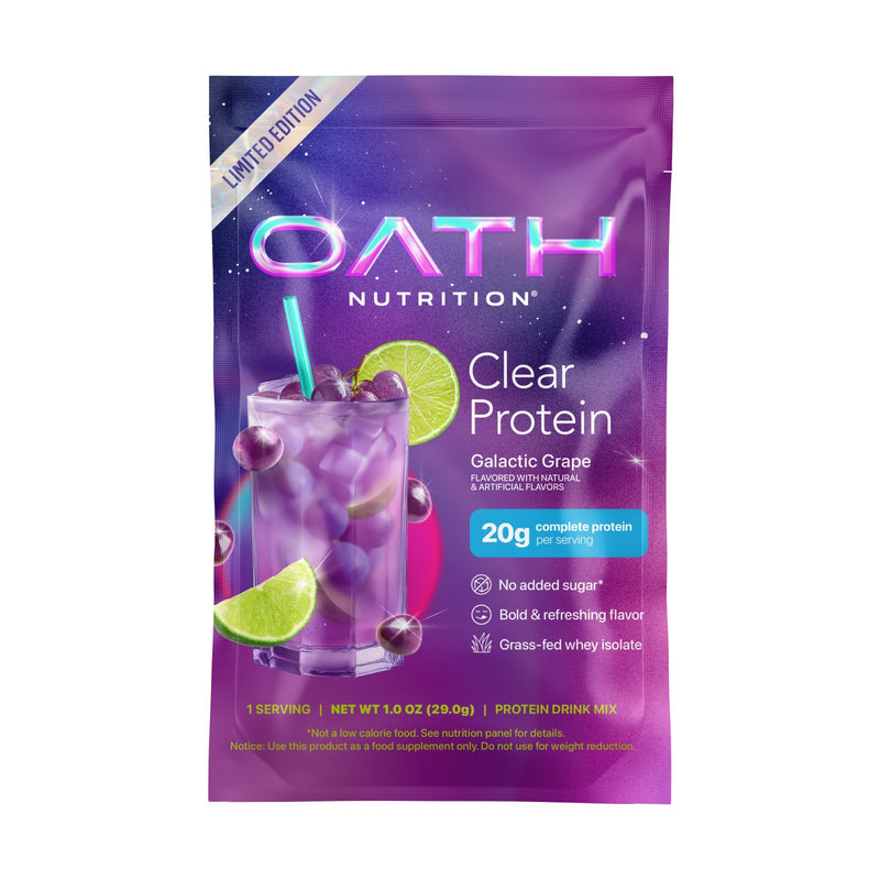Oath Nutrition Clear Protein in Galactic Grape flavor, presented in a single serving pouch with a purple and blue cosmic design, featuring a graphic of a grape drink with lime slices.