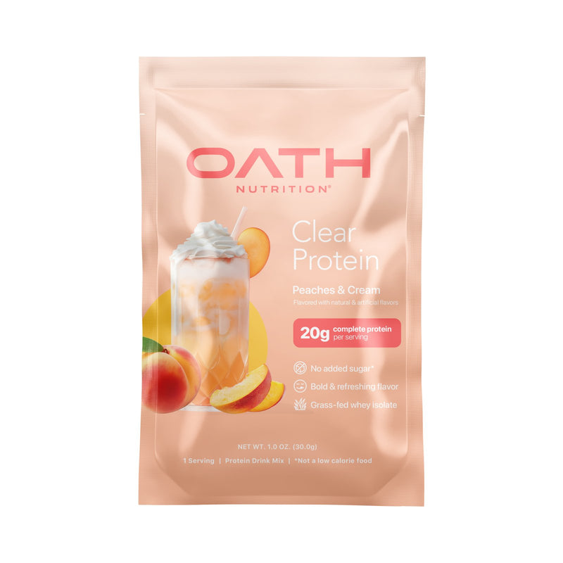 Oath Nutrition Clear Protein single-serve packet in peaches and cream flavor
