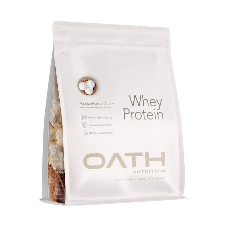A stand-up pouch of OATH Nutrition Vanilla Bean Ice Cream Whey Protein.